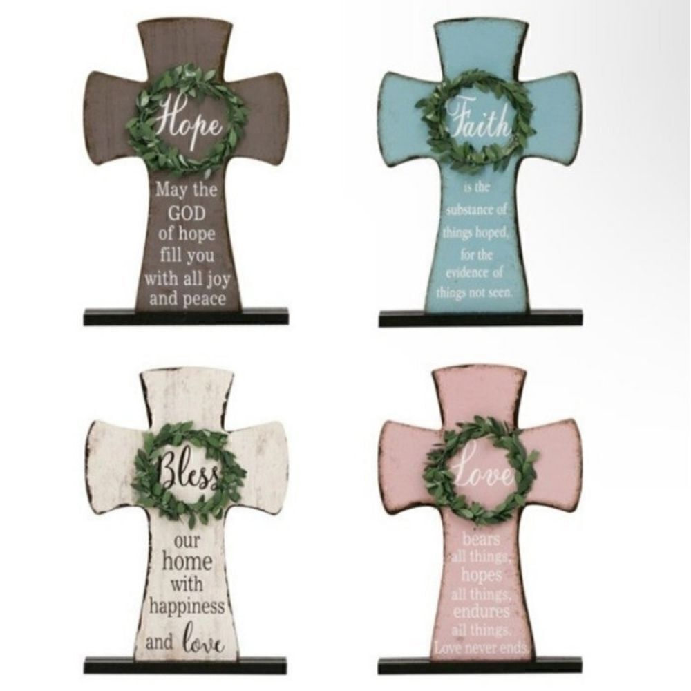 Rustic Wood Cross BLESS FAITH LOVE HOPE w Wreath Inspirational Table Decor Sign